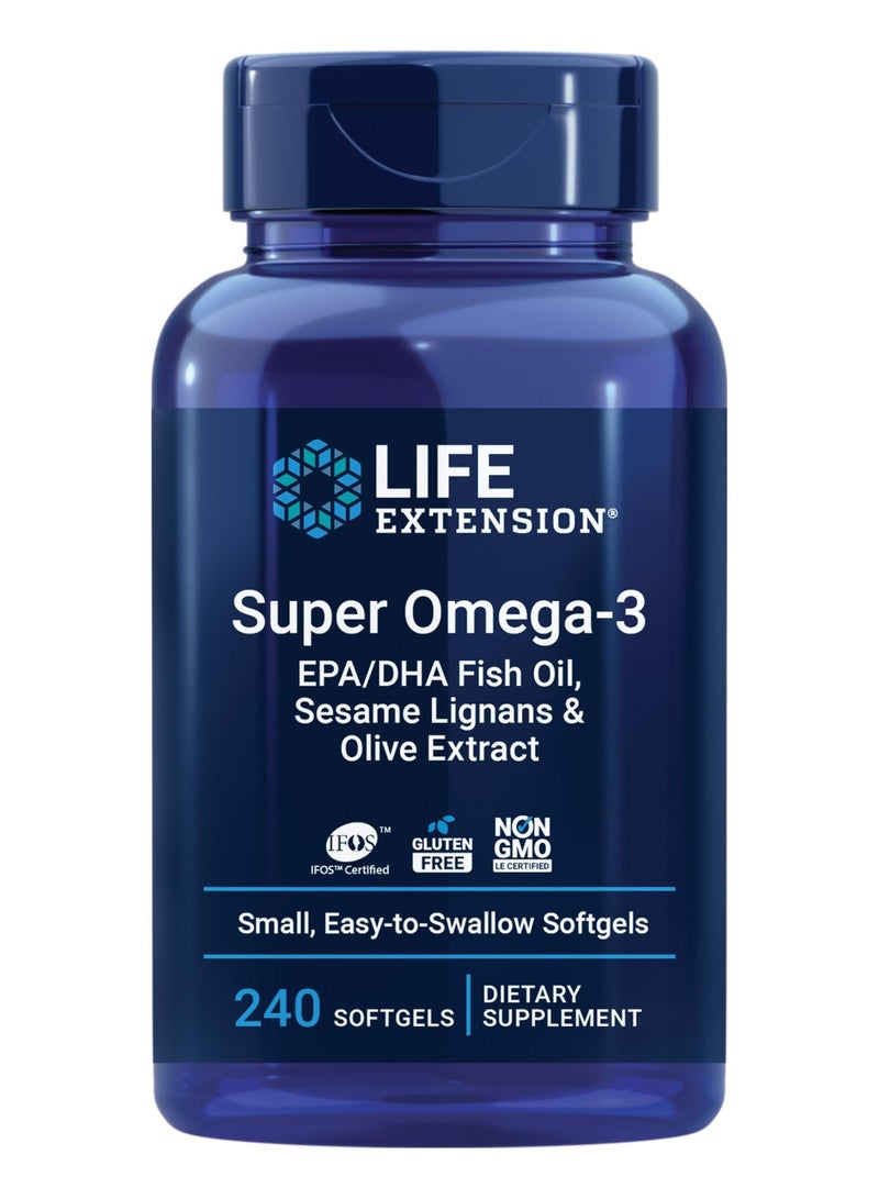 Life Extension Super Omega-3 EPA/DHA Fish Oil, Sesame Lignans & Olive Extract – Heart Health, Brain Health, Inflammation Health Support, Gluten-Free, Easy to Swallow, Non-GMO, 240 Softgels - Image 1