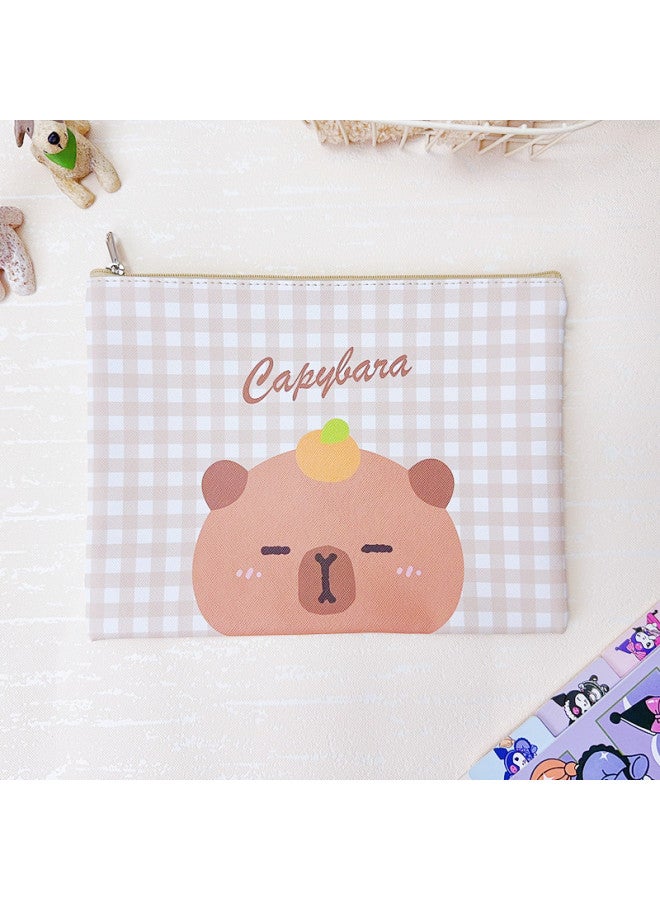 Cartoon Double Zipper Plaid File Bag Student Tutorial Bag Kuli Handbag Pu Leather Storage Bag