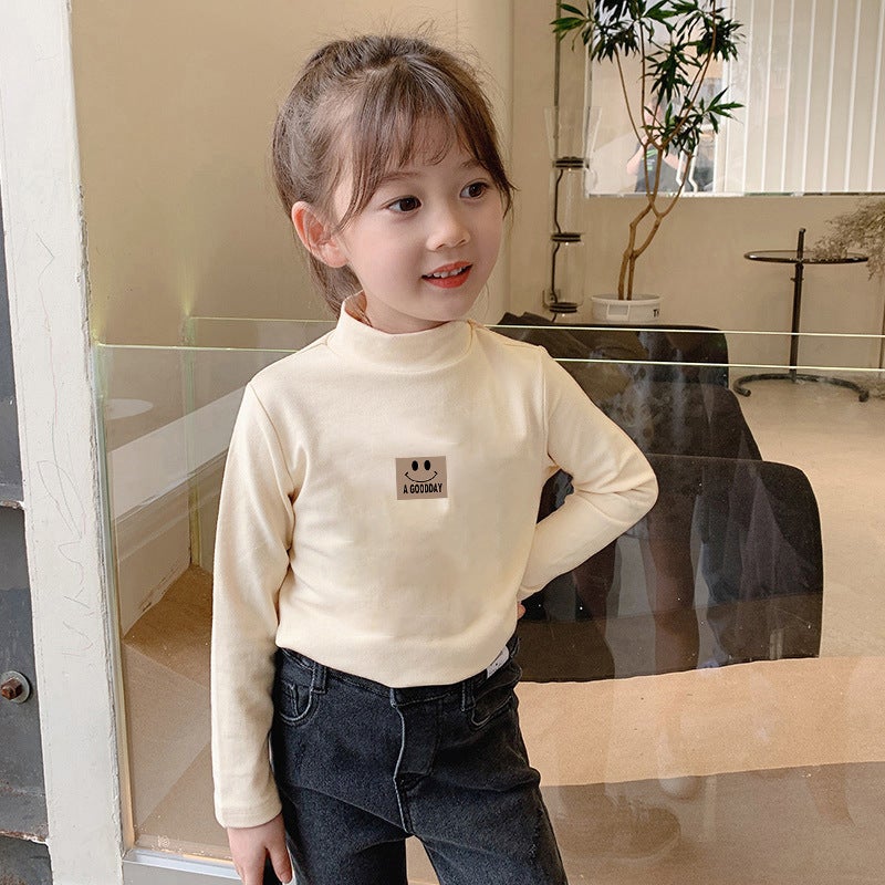 Children'S Base Shirt Half-High Collar Girl'S White Baby'S Long-Sleeved T-Shirt De-Velvet Base T-Shirt - Image 1