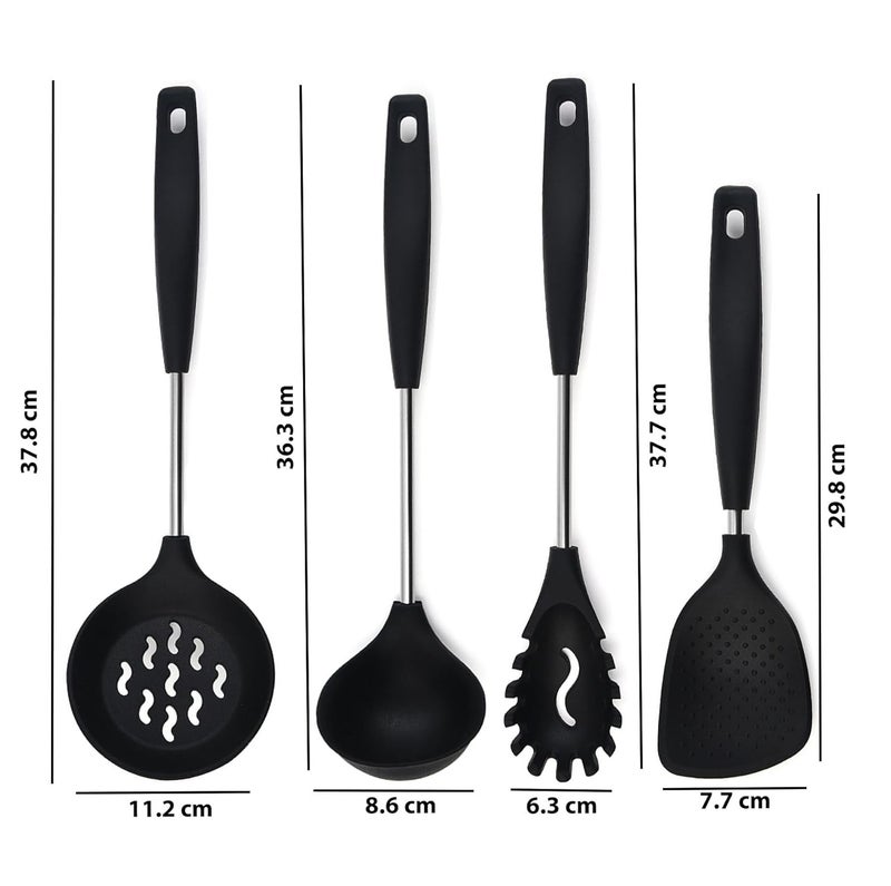 FS COOL Ladles for Cooking Karandi for Cooking Silicone Spaghetti Fork Silicone Pasta Fork Rice Spatula Rice Spoons for Serving Skimmer Spoon for Frying Slotted Spoon Set of 4 Black - Image 2