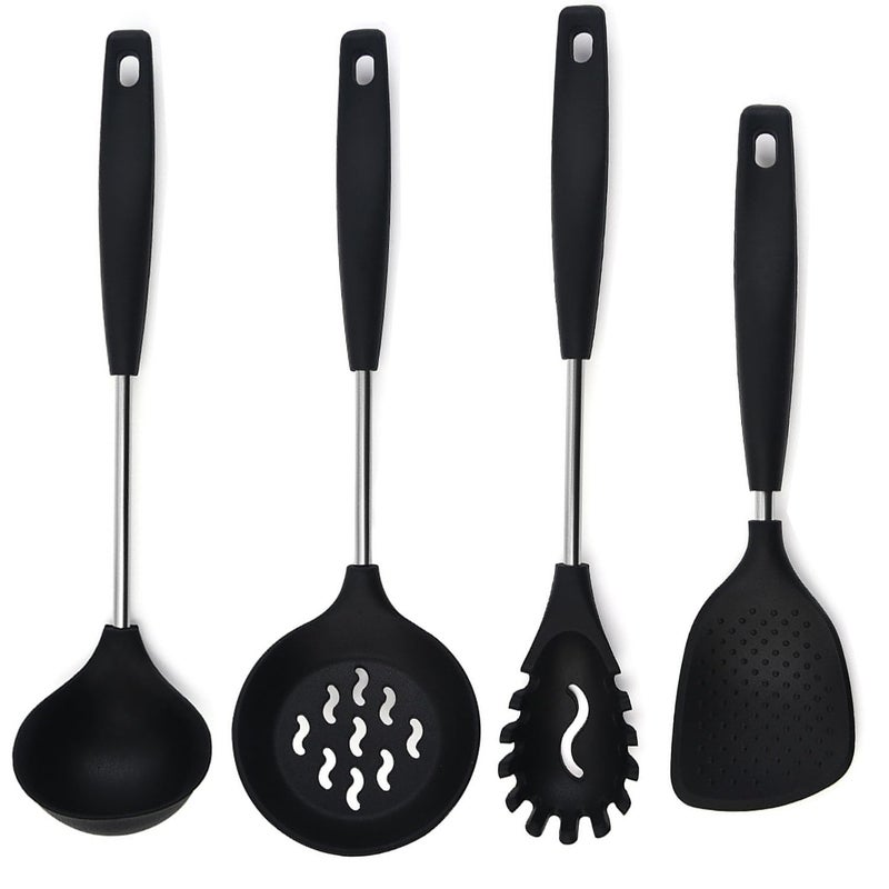 FS COOL Ladles for Cooking Karandi for Cooking Silicone Spaghetti Fork Silicone Pasta Fork Rice Spatula Rice Spoons for Serving Skimmer Spoon for Frying Slotted Spoon Set of 4 Black - Image 1
