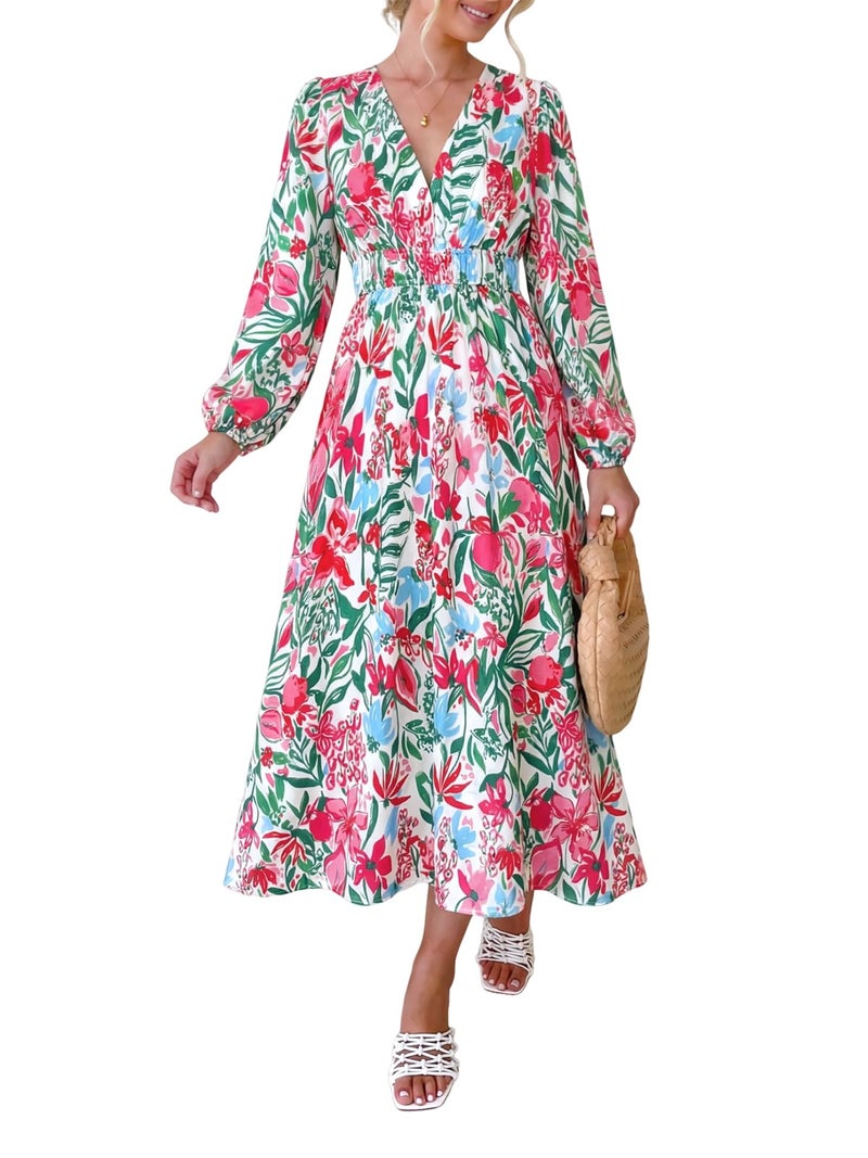 Maxigerui Women's Long Sleeve Floral Maxi Dress 2026 Spring Summer Wedding Guest Dress Green Pink Floral XL - Image 1