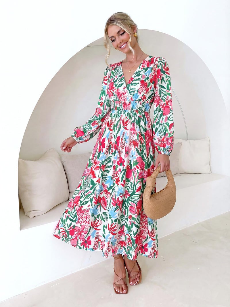 Maxigerui Women's Long Sleeve Floral Maxi Dress 2026 Spring Summer Wedding Guest Dress Green Pink Floral XL - Image 2