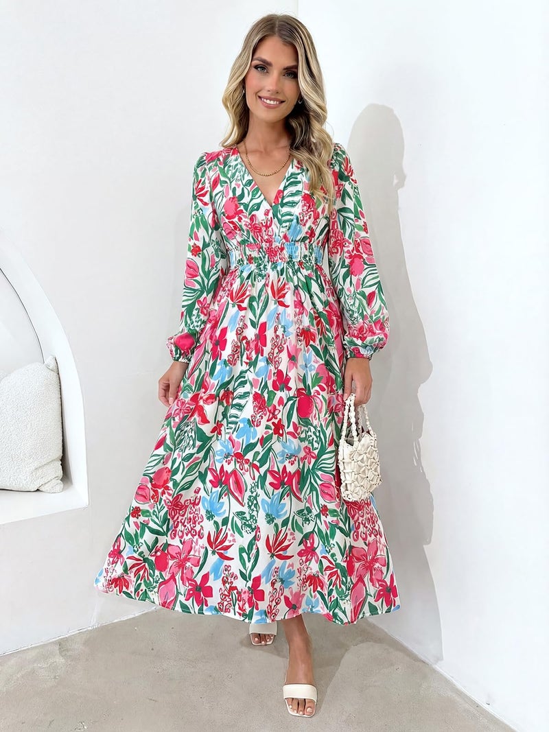 Maxigerui Women's Long Sleeve Floral Maxi Dress 2026 Spring Summer Wedding Guest Dress Green Pink Floral XL - Image 4