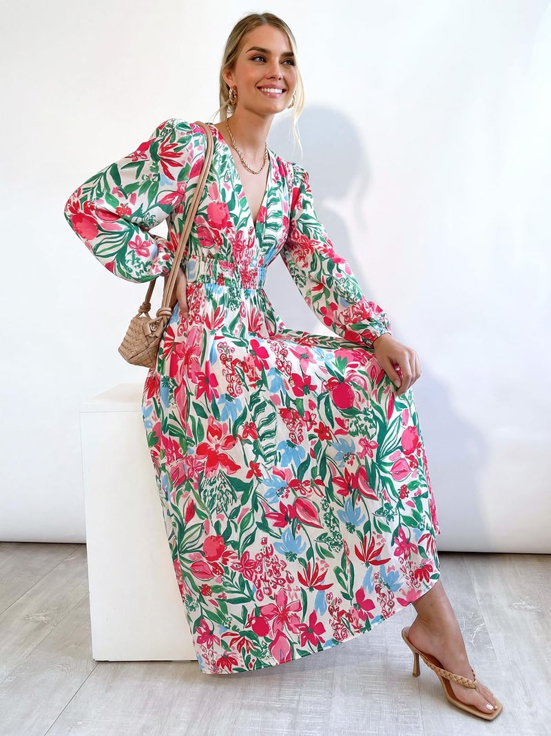 Maxigerui Women's Long Sleeve Floral Maxi Dress 2026 Spring Summer Wedding Guest Dress Green Pink Floral XL - Image 5