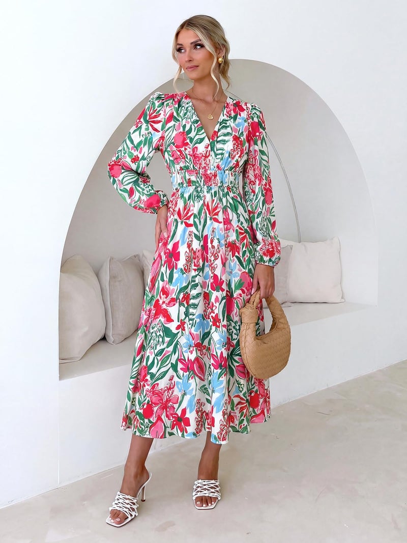 Maxigerui Women's Long Sleeve Floral Maxi Dress 2026 Spring Summer Wedding Guest Dress Green Pink Floral XL - Image 3