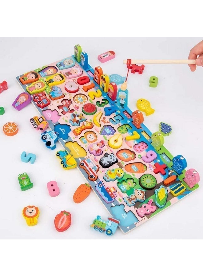 TOY GARDEN Montessori Toys, Wooden Montessori Educational Toy - 6 in 1 Wooden Blocks Logarithmic Puzzle Board - Educational Kids Toy For Learning Alphabets, Numbers, Shapes, Colors & Math - A Fishing Game For 2, 3, 4 & 5 Years Old Baby - Image 3