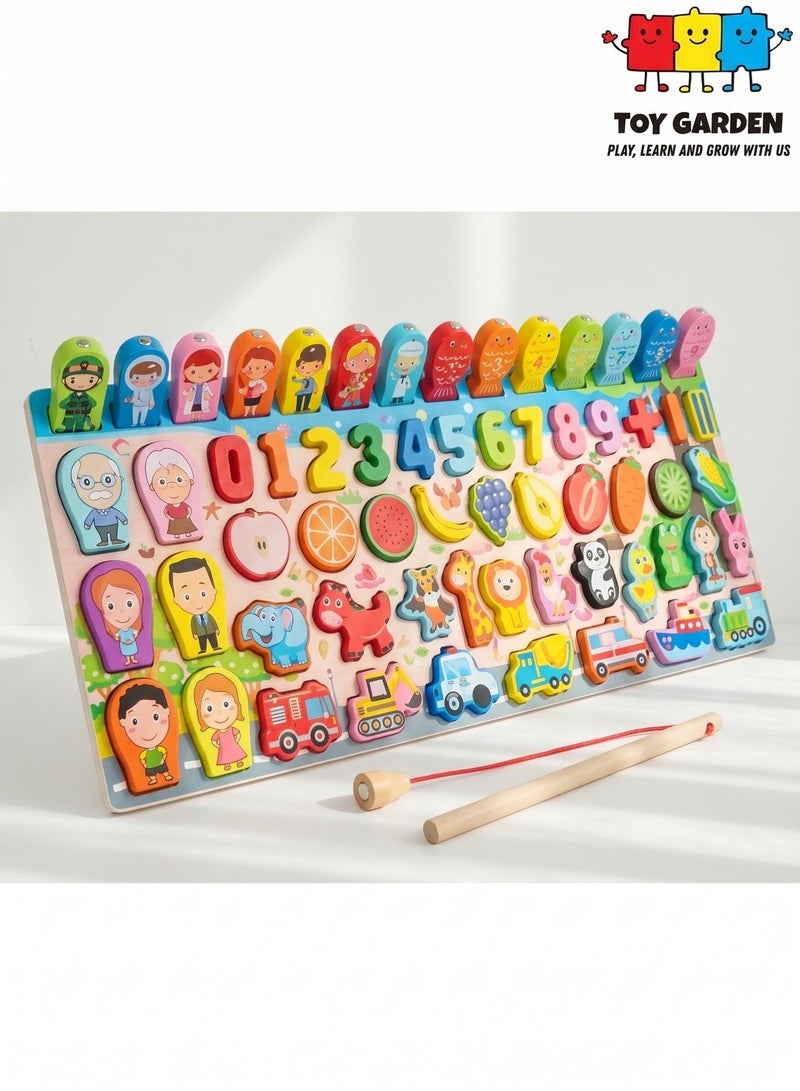 TOY GARDEN Montessori Toys, Wooden Montessori Educational Toy - 6 in 1 Wooden Blocks Logarithmic Puzzle Board - Educational Kids Toy For Learning Alphabets, Numbers, Shapes, Colors & Math - A Fishing Game For 2, 3, 4 & 5 Years Old Baby - Image 1