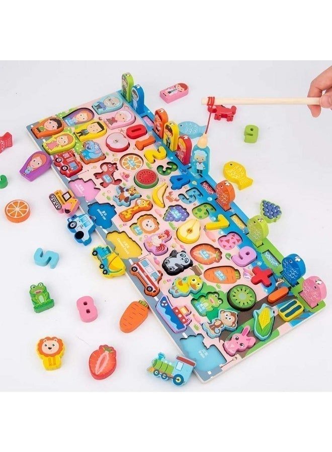 TOY GARDEN Montessori Toys, Wooden Montessori Educational Toy - 6 in 1 Wooden Blocks Logarithmic Puzzle Board - Educational Kids Toy For Learning Alphabets, Numbers, Shapes, Colors & Math - A Fishing Game For 2, 3, 4 & 5 Years Old Baby - Image 4