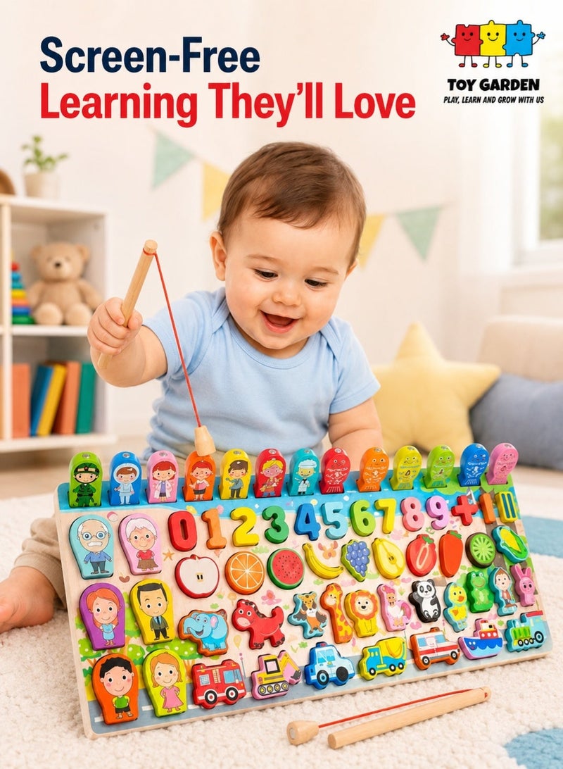 TOY GARDEN Montessori Toys, Wooden Montessori Educational Toy - 6 in 1 Wooden Blocks Logarithmic Puzzle Board - Educational Kids Toy For Learning Alphabets, Numbers, Shapes, Colors & Math - A Fishing Game For 2, 3, 4 & 5 Years Old Baby - Image 1
