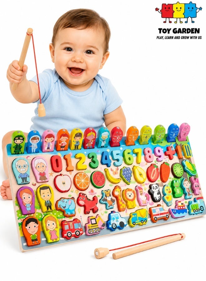 TOY GARDEN Montessori Toys, Wooden Montessori Educational Toy - 6 in 1 Wooden Blocks Logarithmic Puzzle Board - Educational Kids Toy For Learning Alphabets, Numbers, Shapes, Colors & Math - A Fishing Game For 2, 3, 4 & 5 Years Old Baby - Image 2