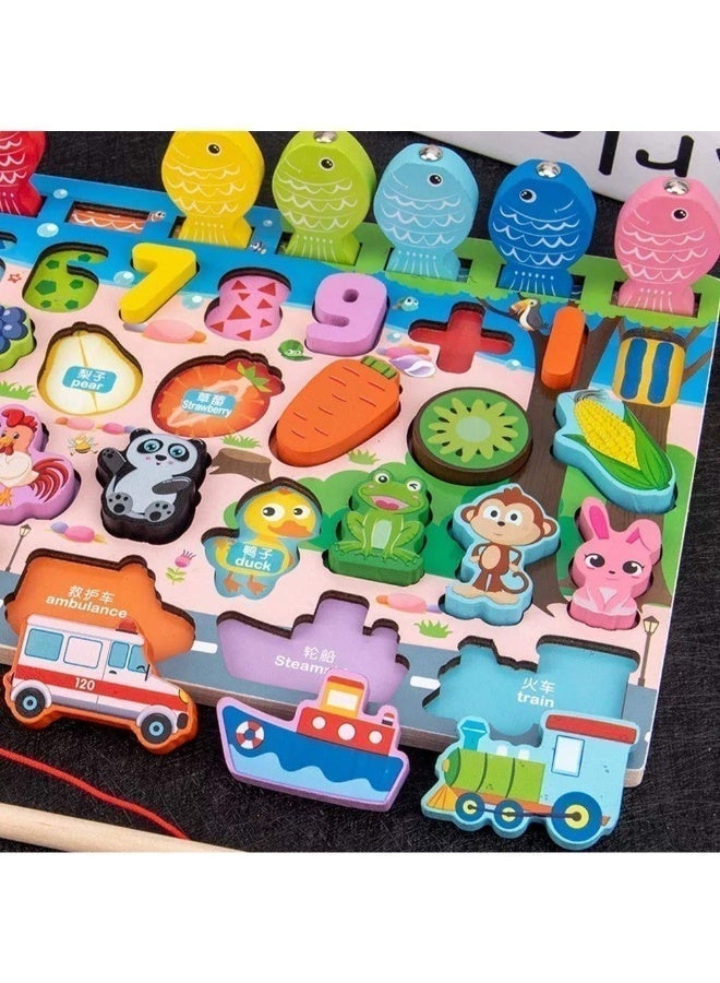 TOY GARDEN Montessori Toys, Wooden Montessori Educational Toy - 6 in 1 Wooden Blocks Logarithmic Puzzle Board - Educational Kids Toy For Learning Alphabets, Numbers, Shapes, Colors & Math - A Fishing Game For 2, 3, 4 & 5 Years Old Baby - Image 5