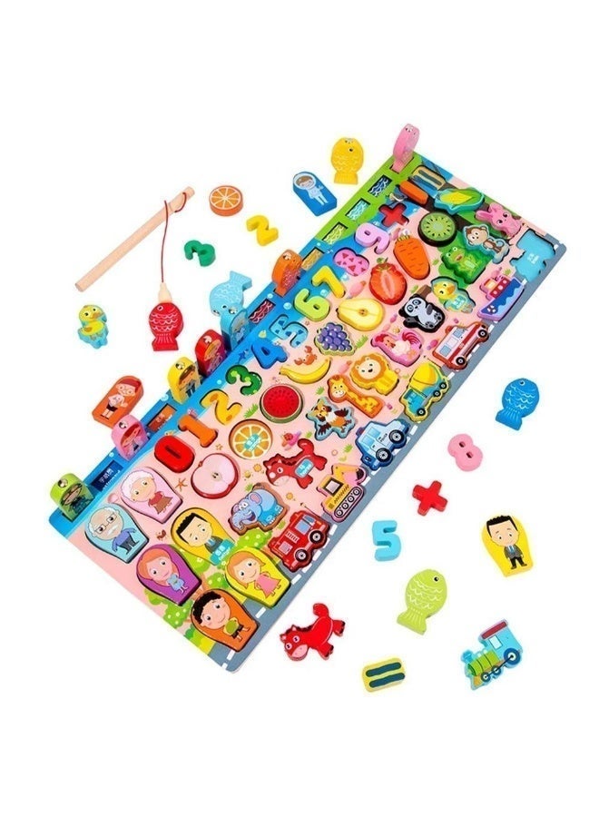 TOY GARDEN Montessori Toys, Wooden Montessori Educational Toy - 6 in 1 Wooden Blocks Logarithmic Puzzle Board - Educational Kids Toy For Learning Alphabets, Numbers, Shapes, Colors & Math - A Fishing Game For 2, 3, 4 & 5 Years Old Baby - Image 3