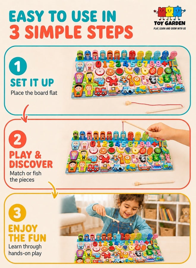 Montessori Toys, Wooden Montessori Educational Toy - 6 in 1 Wooden Blocks Logarithmic Puzzle Board - Educational Kids Toy For Learning Alphabets, Numbers, Shapes, Colors & Math - A Fishing Game For 2, 3, 4 & 5 Years Old Baby - Image 5
