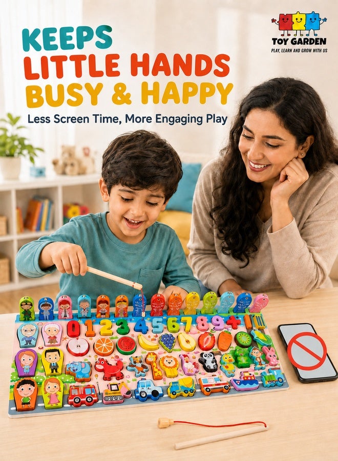Montessori Toys, Wooden Montessori Educational Toy - 6 in 1 Wooden Blocks Logarithmic Puzzle Board - Educational Kids Toy For Learning Alphabets, Numbers, Shapes, Colors & Math - A Fishing Game For 2, 3, 4 & 5 Years Old Baby - Image 2