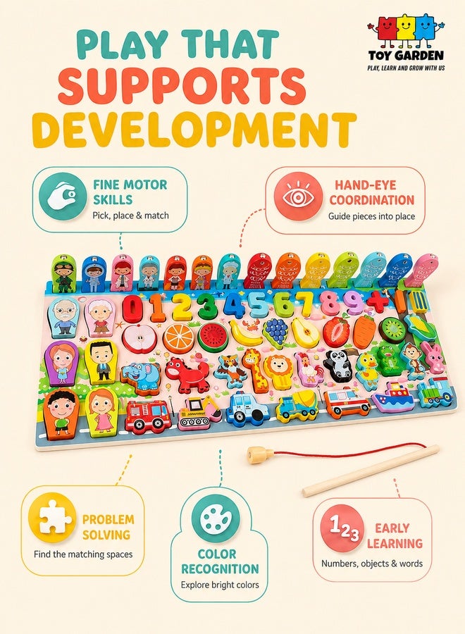 Montessori Toys, Wooden Montessori Educational Toy - 6 in 1 Wooden Blocks Logarithmic Puzzle Board - Educational Kids Toy For Learning Alphabets, Numbers, Shapes, Colors & Math - A Fishing Game For 2, 3, 4 & 5 Years Old Baby - Image 3