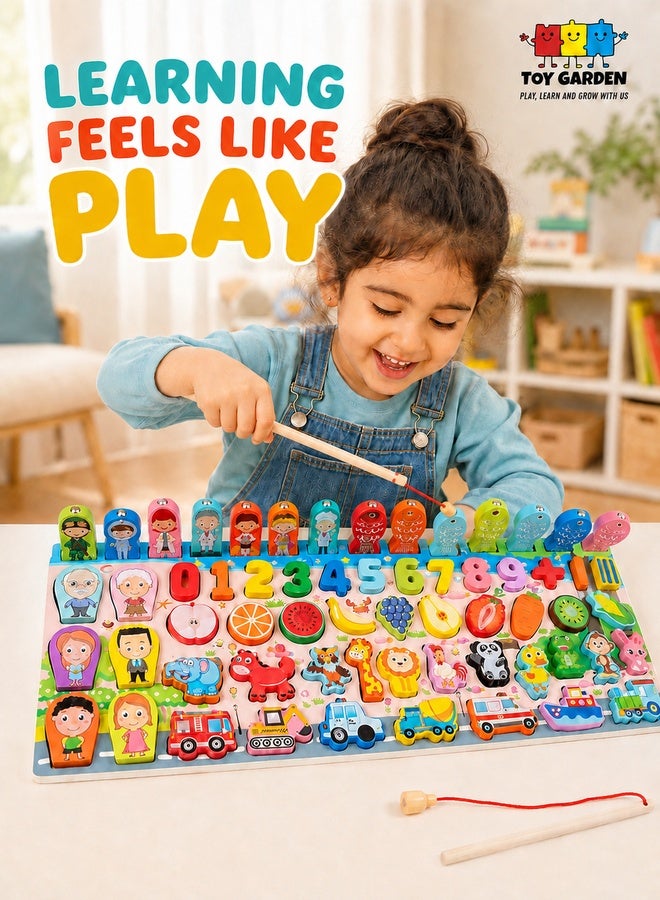 Montessori Toys, Wooden Montessori Educational Toy - 6 in 1 Wooden Blocks Logarithmic Puzzle Board - Educational Kids Toy For Learning Alphabets, Numbers, Shapes, Colors & Math - A Fishing Game For 2, 3, 4 & 5 Years Old Baby - Image 1