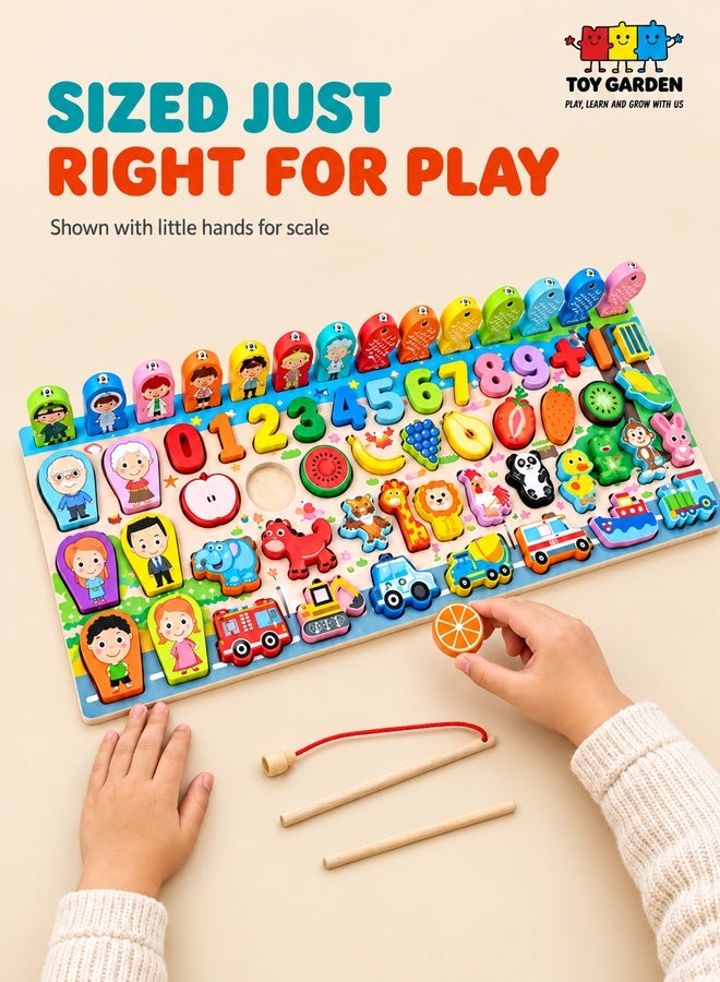 Montessori Toys, Wooden Montessori Educational Toy - 6 in 1 Wooden Blocks Logarithmic Puzzle Board - Educational Kids Toy For Learning Alphabets, Numbers, Shapes, Colors & Math - A Fishing Game For 2, 3, 4 & 5 Years Old Baby - Image 4