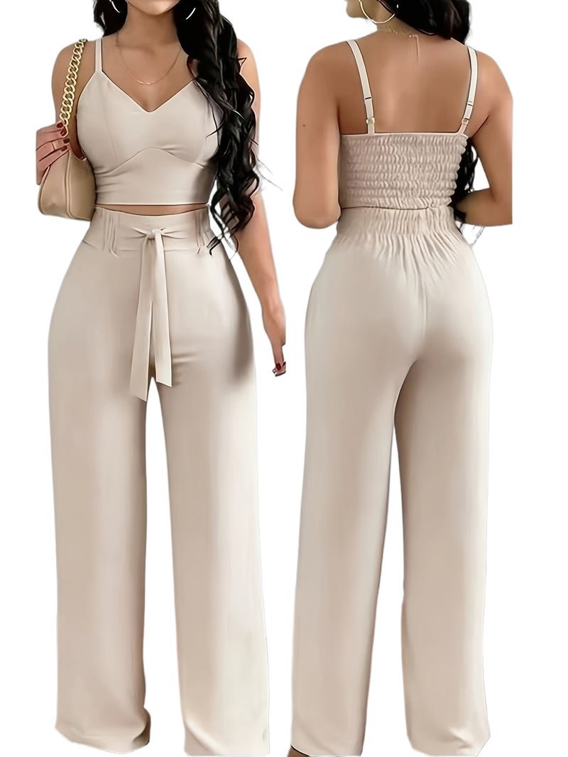 2-piece Women's Set with Thin Strap Stretch Camisole and Wide-leg Pants for Casual Vacation Wear - Image 1