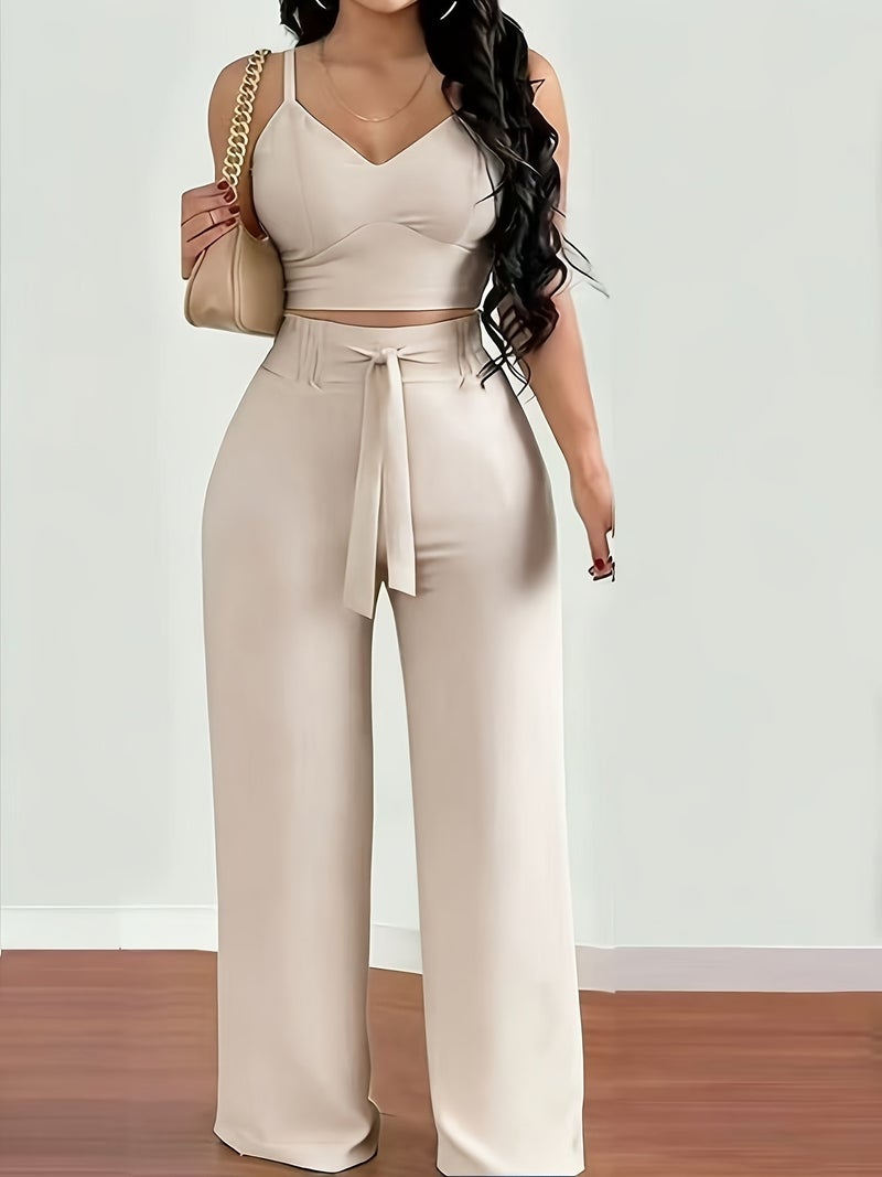 2-piece Women's Set with Thin Strap Stretch Camisole and Wide-leg Pants for Casual Vacation Wear - Image 2