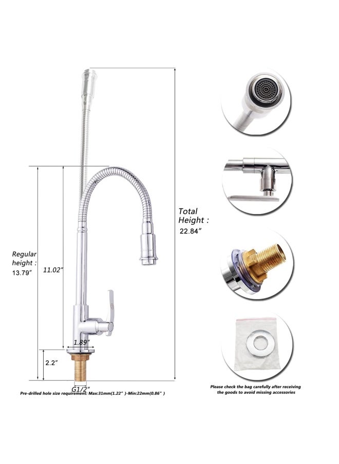 Inchant - Single Lever Flexible Pull Out Kitchen Water Tap Sink Faucet Single-Tube Cold Water Basin Taps Vanity Vessel Faucets Deck Mount Chrome Finish - Image 1