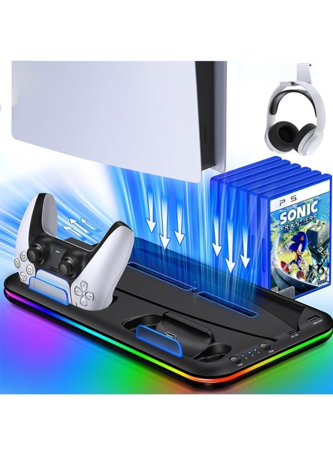 سايتاك حامل PS5 Slim ومحطة تبريد Turbo مع محطة شحن وحدة التحكم لـ Playsation 5، ملحقات PS5 بما في ذلك مروحة تبريد بثلاثة مستويات، إضاءة RGB، سعة تخزين 15 لعبة، حامل سماعة رأس لـ PS5 Digital/Disc (أسود) - Image 2