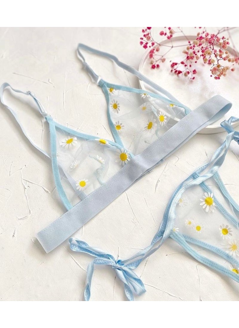 La Linaa Women's Blue Daisy Patterned Bralet Set  - Image 1