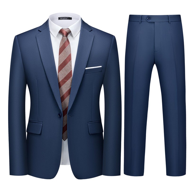 WULFUL Men's 2 Piece Slim Fit Suit Set One Button Blazer Jacket Pants Tuxedo Set for Party, Wedding and Business Navy - Image 1