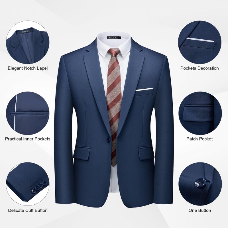 WULFUL Men's 2 Piece Slim Fit Suit Set One Button Blazer Jacket Pants Tuxedo Set for Party, Wedding and Business Navy - Image 4