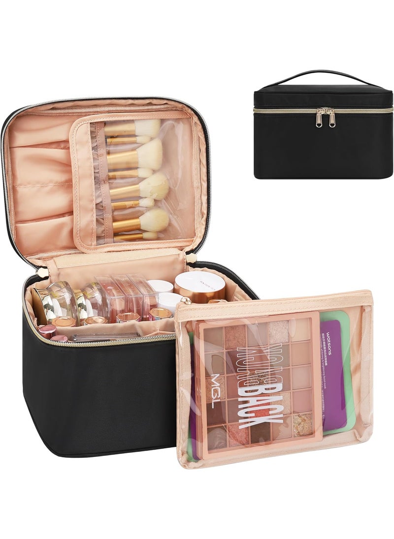 MONSTINA MONSTINA Makeup Bag with Detachable Small Gadget Bag,Large Capacity Portable Cosmetic Organizer,Waterproof Travel Toiletry Bag with Divider for Lipstick,Gifts for Girls and Women,Black Large 