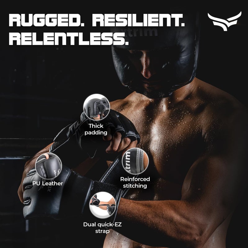 XTRIM MMA Kickboxing Gloves for Men, Half-Finger Length Without Thumb Coverage, Thick Padding, Wrist Support, PU Leather, Breathable Open Palm, Sweat-Wicking, Muay Thai, Taekwondo Training Mitts - Image 3