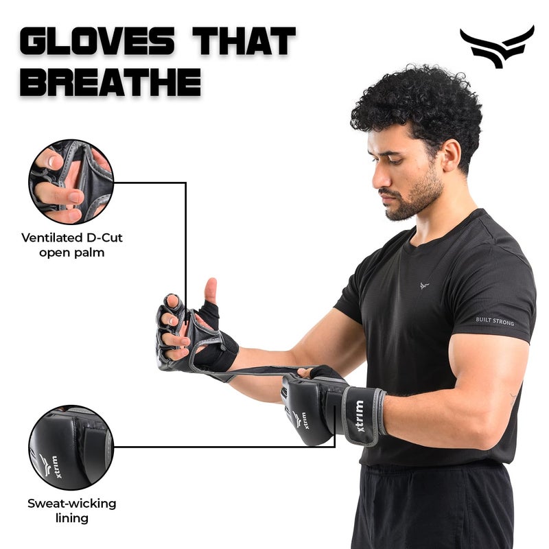 XTRIM MMA Kickboxing Gloves for Men, Half-Finger Length Without Thumb Coverage, Thick Padding, Wrist Support, PU Leather, Breathable Open Palm, Sweat-Wicking, Muay Thai, Taekwondo Training Mitts - Image 5
