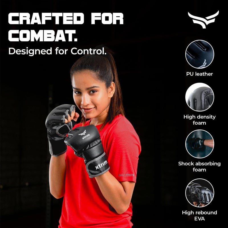 XTRIM MMA Kickboxing Gloves for Men, Half-Finger Length Without Thumb Coverage, Thick Padding, Wrist Support, PU Leather, Breathable Open Palm, Sweat-Wicking, Muay Thai, Taekwondo Training Mitts - Image 2