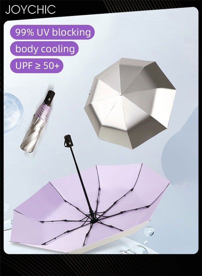 Joychic مظلة سفر مزدوجة الاستخدام ضد الأشعة فوق البنفسجية مع 8 ضلوع مطلية بطبقتين من التيتانيوم الفضي - فضي/بنفسجي - Image 3