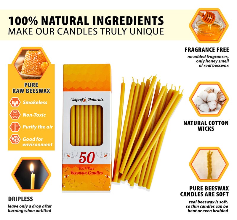 Votprof 500 Votprof 100% Pure Beeswax Taper Candles ( 6 1/4"") Natural Honey Scent  - Image 5