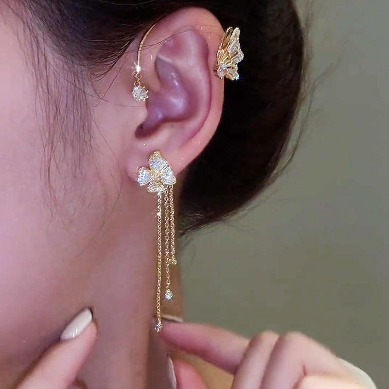 DOLLESS Butterfly Flower Tassel Ear Cuffs Earrings Rhinestone Butterfly Flower Ear Wrap No Piercing Earrings for Women (Gold) - Image 3