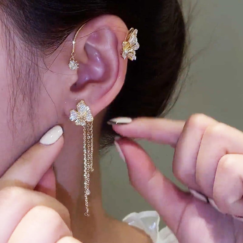 DOLLESS Butterfly Flower Tassel Ear Cuffs Earrings Rhinestone Butterfly Flower Ear Wrap No Piercing Earrings for Women (Gold) - Image 4