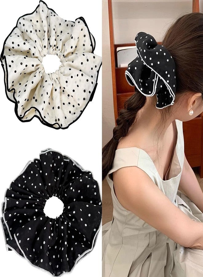 Jseng 2PCS Extra Large Scrunchies for Hair, Polka Dot Hair Ties, Beige and Black - Image 1