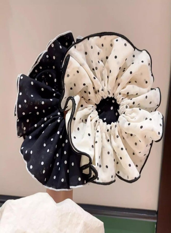 Jseng 2PCS Extra Large Scrunchies for Hair, Polka Dot Hair Ties, Beige and Black - Image 5