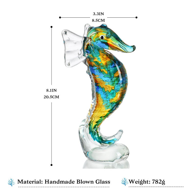 QFkris 8" Handmade Blown Glass Blue Seahorse Figurines Collectible Art Glass Blown Animal Sculpture for Home Decor - Image 3