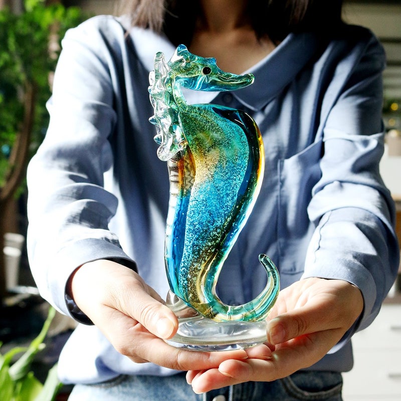 QFkris 8" Handmade Blown Glass Blue Seahorse Figurines Collectible Art Glass Blown Animal Sculpture for Home Decor - Image 5