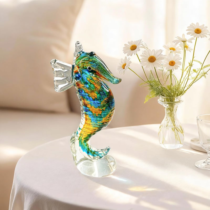 QFkris 8" Handmade Blown Glass Blue Seahorse Figurines Collectible Art Glass Blown Animal Sculpture for Home Decor - Image 4