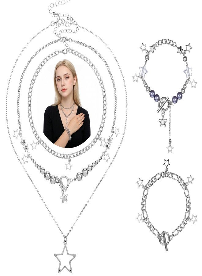 ElevateTech Star Necklace for Women y2k Accessories Stainless Steel Silver Jewelry Punk with 2 Bracelets Stackable Chunky Star Pendant Gifts Silver - Image 1