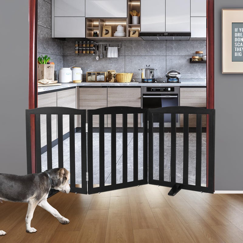 ZJSF Foldable Freestanding Indoor Dog Gate for House Wood Long Pet Gates Dog Fence for Stairs Puppy Gates for Hallways, Puppy Gate,Support Feet Included, Black, 24 "Height-3 Panels - Image 2
