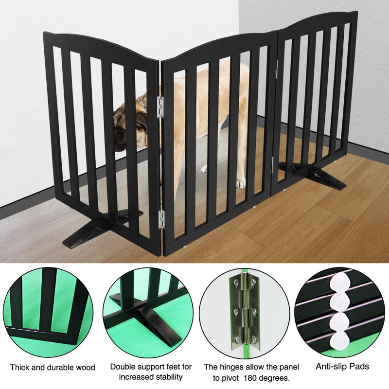 ZJSF Foldable Freestanding Indoor Dog Gate for House Wood Long Pet Gates Dog Fence for Stairs Puppy Gates for Hallways, Puppy Gate,Support Feet Included, Black, 24 "Height-3 Panels - Image 5