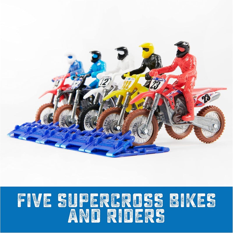 Supercross سوبركروس، مجموعة أصيلة من 5 دراجات نارية مصبوبة بالقالب بمقياس 1:24 مع شخصية راكب، دراجة نارية لعبة للأطفال وجامعي التحف من سن 3 سنوات فما فوق - Image 3