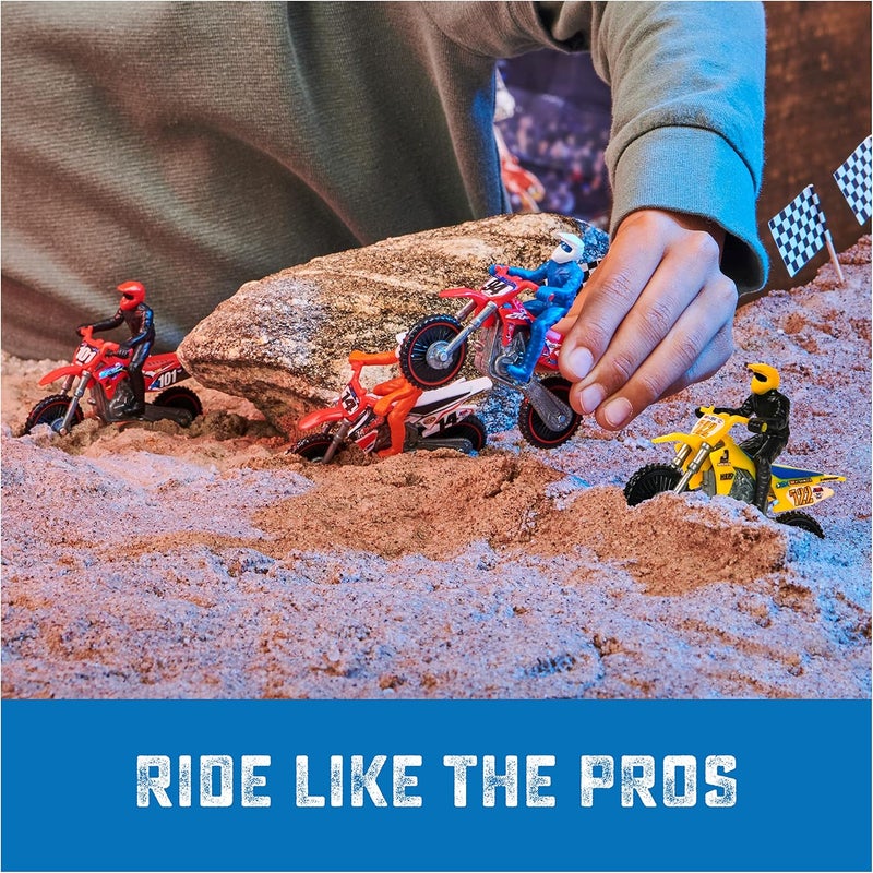 Supercross سوبركروس، مجموعة أصيلة من 5 دراجات نارية مصبوبة بالقالب بمقياس 1:24 مع شخصية راكب، دراجة نارية لعبة للأطفال وجامعي التحف من سن 3 سنوات فما فوق - Image 4