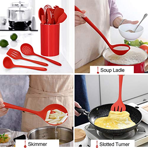 LIANYU 12-Piece Red Silicone Kitchen Cooking Utensils with Holder, Kitchen Tools Set Include Slotted Spatula Spoon Turner Ladle Tong Whisk, Dishwasher Safe - Image 4