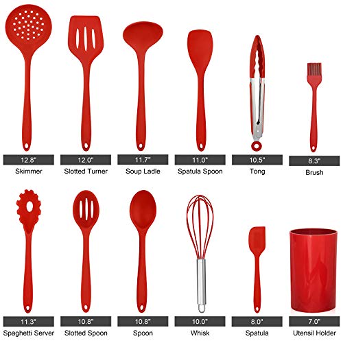 LIANYU 12-Piece Red Silicone Kitchen Cooking Utensils with Holder, Kitchen Tools Set Include Slotted Spatula Spoon Turner Ladle Tong Whisk, Dishwasher Safe - Image 2