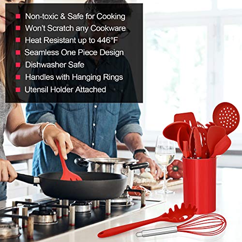 LIANYU 12-Piece Red Silicone Kitchen Cooking Utensils with Holder, Kitchen Tools Set Include Slotted Spatula Spoon Turner Ladle Tong Whisk, Dishwasher Safe - Image 3